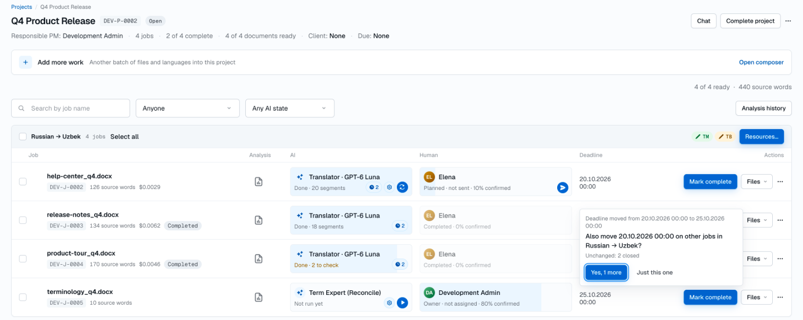 TilBridge project page for Q4 Product Release with four Russian to Uzbek jobs. Each row shows the job, its analysis, an AI cell, a Human cell, the deadline and actions. An offer asks whether to move the same deadline on the other open job, with the buttons Yes, 1 more and Just this one.